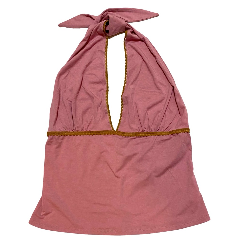 True Meaning Pink with Gold Trim Halter Top NWT SZ L